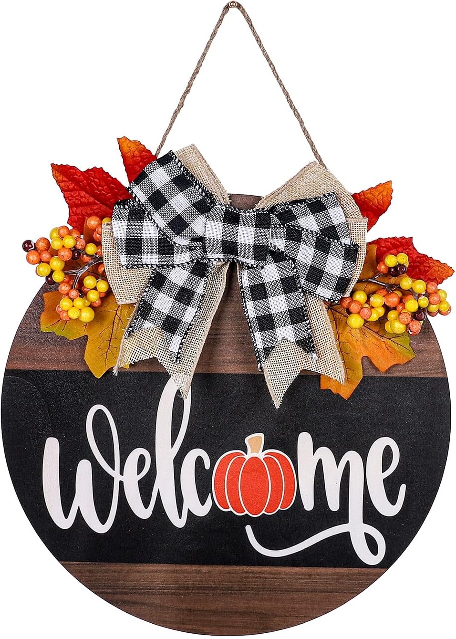 Fall Thanksgiving Welcome Sign – Farmhouse Wooden Hanging Sign with Bow & Artificial Berries, Rustic Autumn Harvest Door Hanger for Home, Office, Window Décor (Coffee)